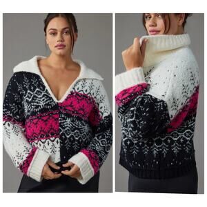 Anthropologie Pilcro Fuzzy Printed V Neck Popover Sweater Black Multi Size Large